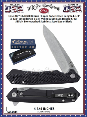W.R. Case & Sons Cutlery CA64688 Case XX� Kinzua Flipper Knife Closed Length 4-3/4" 3-3/8" Embellished Black Milled Aluminum Handle CPM-S35VN Stonewashed Stainless Steel Spear Blade
