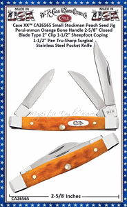 W.R. Case & Sons Cutlery CA26565 Case XX� Peach Seed Jig Persimmon Orange Bone Handle Small Stockman 2-5/8" Closed 2" Clip 1-1/2" Sheepfoot Coping 1-1/2" Pen Tru-Sharp Surgical Stainless Steel Pocket Knife