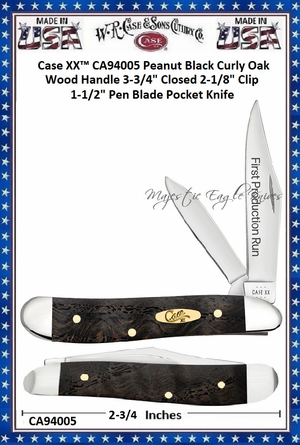 W.R. Case & Sons Cutlery CA94005 Case XX� Peanut Black Curly Oak Wood Handle 3-3/4" Closed 2-1/8" Clip 1-1/2" Pen Blade Pocket Knife 