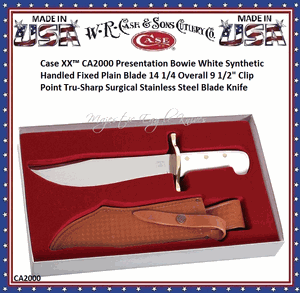 W.R. Case & Son's Cutlery CA2000 Case XX� CA2000 Presentation Bowie 14-1/4" Overall 9-1/2" Blade, Tru-Sharp Surgical Stainless Steel Plain Blade Brass Guard White Synthetic Handle  & Genuine Leather Sheath