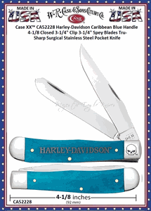 W.R. Case & Sons Cutlery CA52228 Case XX� Harley-Davidson Caribbean Blue Bone Handle 4-1/8 Closed 3-1/4" Clip 3-1/4" Spey Blades Tru-Sharp Surgical Stainless Steel Pocket Knife 