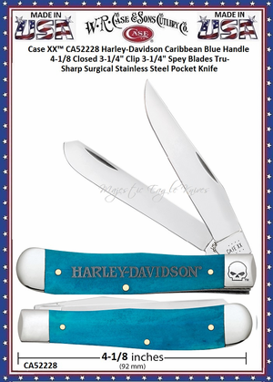 W.R. Case & Sons Cutlery CA52228 Case XX� Harley-Davidson Caribbean Blue Bone Handle 4-1/8 Closed 3-1/4" Clip 3-1/4" Spey Blades Tru-Sharp Surgical Stainless Steel Pocket Knife 