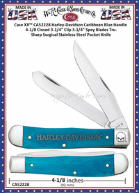W.R. Case & Sons Cutlery CA52228 Case XX™ Harley-Davidson Caribbean Blue Bone Handle 4-1/8 Closed 3-1/4" Clip 3-1/4" Spey Blades Tru-Sharp Surgical Stainless Steel Pocket Knife W.R. Case & Sons Cutlery CA52228 Case XX™ Harley-Davidson Caribbean Blue Bone Handle 4-1/8 Closed 3-1/4" Clip 3-1/4" Spey Blades Tru-Sharp Surgical Stainless Steel Pocket Knife