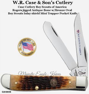 W.R. Case & Son's Cutlery CA18036 CaseXX Boy Scouts of America Rogers Jigged Antique Bone Handle Mini Trapper Pocket Knife