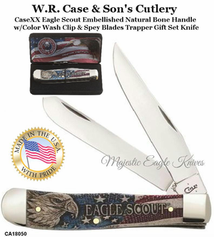 W.R. Case & Son's Cutlery CA18050 Eagle Scout Embellished Natural Bone Handle w/Color Wash Clip Spey Blades Trapper Gift Set Knife