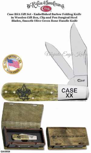 W.R. Case & Son's Cutlery CA18054 Case Boy Scouts of America 3 3/8" Closed Length Clip & Pen Plain Blades, Boy Scouts Olive Green Handled Barlow Pocket Knife W.R. Case & Son's Cutlery CA18054 Case Boy Scouts of America 3 3/8" Closed Length Clip & Pen Plain Blades, Boy Scouts Olive Green Handled Barlow Pocket Knife