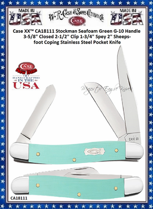 W.R. Case & Sons Cutlery CA18111 Case XX™ Stockman Seafoam Green G-10 Handle 3-5/8" Closed 2-1/2" Clip 1-3/4" Spey 2" Sheepsfoot Coping Stainless Steel Pocket Knife W.R. Case & Sons Cutlery CA18111 Case XX™ Stockman Seafoam Green G-10 Handle 3-5/8" Closed 2-1/2" Clip 1-3/4" Spey 2" Sheepsfoot Coping Stainless Steel Pocket Knife