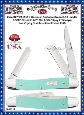 W.R. Case & Sons Cutlery CA18111 Case XX™ Stockman Seafoam Green G-10 Handle 3-5/8" Closed 2-1/2" Clip 1-3/4" Spey 2" Sheepsfoot Coping Stainless Steel Pocket Knife W.R. Case & Sons Cutlery CA18111 Case XX™ Stockman Seafoam Green G-10 Handle 3-5/8" Closed 2-1/2" Clip 1-3/4" Spey 2" Sheepsfoot Coping Stainless Steel Pocket Knife