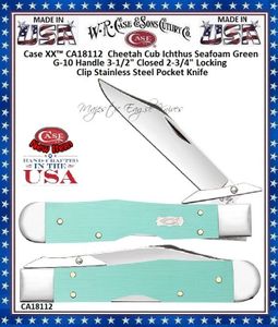 W.R. Case & Sons Cutlery CA18112 Case XX� Cheetah Cub Ichthus Seafoam Green Handle 3-1/2" Closed 2-3/4" Locking Clip G-10 Stainless Steel Pocket Knife