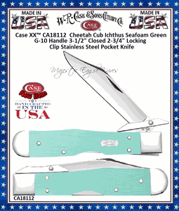W.R. Case & Sons Cutlery CA18112 Case XX� Cheetah Cub Ichthus Seafoam Green Handle 3-1/2" Closed 2-3/4" Locking Clip G-10 Stainless Steel Pocket Knife