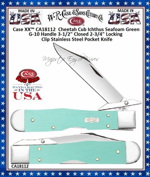 W.R. Case & Sons Cutlery CA18112 Case XX™ Cheetah Cub Ichthus Seafoam Green Handle 3-1/2" Closed 2-3/4" Locking Clip G-10 Stainless Steel Pocket Knife W.R. Case & Sons Cutlery CA18112 Case XX™ Cheetah Cub Ichthus Seafoam Green Handle 3-1/2" Closed 2-3/4" Locking Clip G-10 Stainless Steel Pocket Knife
