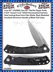 W.R. Case & Sons Cutlery CA25893  Case XX� Marilla Flipper Knife, 4-3/4" Closed 3-1/2" S35VN Stonewashed Stainless Steel Locking Drop Point Plain Blade, Black Marbled Carbon Fiber and Black anodized Aluminum Handle w/Black G10 Inlays