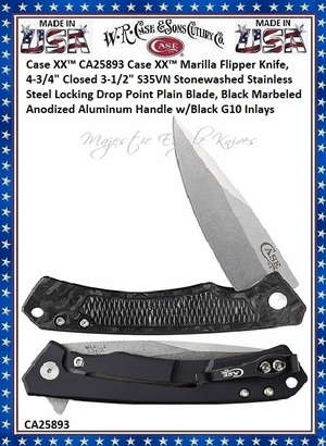 W.R. Case & Sons Cutlery CA25893 Case XX™ Marilla Flipper Knife, 4-3/4" Closed 3-1/2" S35VN Stonewashed Stainless Steel Locking Drop Point Plain Blade, Black Marbled Carbon Fiber and Black anodized Aluminum Handle w/Black G10 Inlays W.R. Case & Sons Cutlery CA25893 Case XX™ Marilla Flipper Knife, 4-3/4" Closed 3-1/2" S35VN Stonewashed Stainless Steel Locking Drop Point Plain Blade, Black Marbled Carbon Fiber and Black anodized Aluminum Handle w/Black G10 Inlays