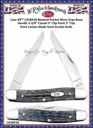W.R. Case & Sons Cutlery CA58418 Case XX™ Muskrat Pocket Worn Gray Bone Handle 3-3/8" Closed 3" Clip Point 3" Clip Point Carbon Blade Steel Pocket Knife W.R. Case & Sons Cutlery CA58418 Case XX™ Muskrat Pocket Worn Gray Bone Handle 3-3/8" Closed 3" Clip Point 3" Clip Point Carbon Blade Steel Pocket Knife