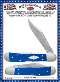 W.R. Case & Sons Cutlery CA16754 Case XX� Mini Copperlock Blue G-10 w/Diamond Nickel Silver XX Inlay shield The bolsters are Nickel Silver w/Satin finish. 3-5/8" Closed 2-3/4" Locking Clip Tru-Sharp Surgical Stainless Steel Pocket Knife  