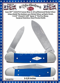 W.R. Case & Sons Cutlery CA16753 Case XX� Canoe Blue G-10 w/Diamond Nickel Silver XX Inlay shield The bolsters are Nickel Silver w/Satin finish. 3-1/2" Closed 2-5/8" Spear 2" Pen Tru-Sharp Surgical Stainless Steel Pocket Knife  