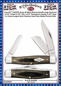 W.R. Case & Sons Cutlery CA23476 Case XX�  Green Black Micarta Handle Large Stockman 4-1/4" Closed, 3-1/4" Clip, 2-1/4", Sheepsfoot Coping, 2-1/4" Spey Plain Blades Tru-Sharp Surgical Stainless Steel Pocket Knife