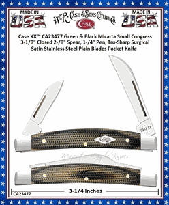 W.R. Case & Sons Cutlery CA23477 Case XX™ Green Black Micarta Handle Small Congress 3-1/8" Closed 2-3/8" Spear,1-3/4" Pen Plain Blades Tru-Sharp Surgical Stainless Steel Pocket Knife W.R. Case & Sons Cutlery CA23477 Case XX™ Green Black Micarta Handle Small Congress 3-1/8" Closed 2-3/8" Spear,1-3/4" Pen Plain Blades Tru-Sharp Surgical Stainless Steel Pocket Knife