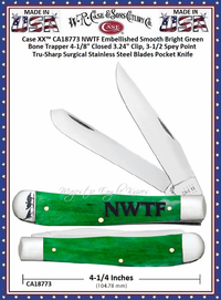 W.R. Case & Son.'s Cutlery CA18773 Case XX™ NWTF Embellished Smooth Bright Green Bone Handle, Turkey Artwork on Nickel Silver Bolster Large Trapper Pocket Knife W.R. Case & Son.'s Cutlery CA18773 Case XX™ NWTF Embellished Smooth Bright Green Bone Handle, Turkey Artwork on Nickel Silver Bolster Large Trapper Pocket Knife