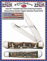 W.R. Case & Son's Cutlery CA22035 Case Embellished Smooth Natural Bone Handle Enduring Freedom Trapper Pocket Knife W.R. Case & Son's Cutlery CA22035 Case Embellished Smooth Natural Bone Handle Enduring Freedom Trapper Pocket Knife