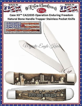W.R. Case & Son's Cutlery CA22035 Case Embellished Smooth Natural Bone Handle Enduring Freedom Trapper Pocket Knife W.R. Case & Son's Cutlery CA22035 Case Embellished Smooth Natural Bone Handle Enduring Freedom Trapper Pocket Knife