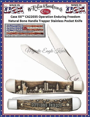 W.R. Case & Son's Cutlery CA22035 Case Embellished Smooth Natural Bone Handle Enduring Freedom Trapper Pocket Knife W.R. Case & Son's Cutlery CA22035 Case Embellished Smooth Natural Bone Handle Enduring Freedom Trapper Pocket Knife