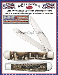 W.R. Case & Son's Cutlery CA22035 Case Embellished Smooth Natural Bone Handle Enduring Freedom Trapper Pocket Knife W.R. Case & Son's Cutlery CA22035 Case Embellished Smooth Natural Bone Handle Enduring Freedom Trapper Pocket Knife