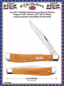 W.R. Case & Sons Cutlery CA23691 Case XX� Natural Canvas Micarta Slimline Trapper 4-1/8" Closed 3-1/4" Clip Tru-Sharp Surgical Stainless Steel Blades Pocket Knife
