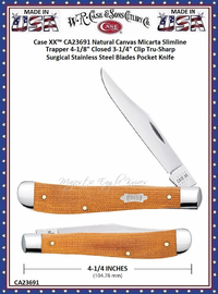 W.R. Case & Sons Cutlery CA23691 Case XX� Natural Canvas Micarta Slimline Trapper 4-1/8" Closed 3-1/4" Clip Tru-Sharp Surgical Stainless Steel Blades Pocket Knife
