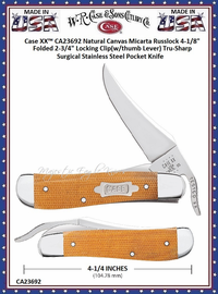 W.R. Case & Sons Cutlery CA23692 Case XX� Natural Canvas Micarta Russlock 4-1/8" Folded 2-3/4" Locking Clip(w/thumb Lever) Tru-Sharp Surgical Stainless Steel Pocket Knife 