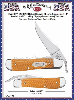 W.R. Case & Sons Cutlery CA23692 Case XX™ Natural Canvas Micarta Russlock 4-1/8" Folded 2-3/4" Locking Clip(w/thumb Lever) Tru-Sharp Surgical Stainless Steel Pocket Knife W.R. Case & Sons Cutlery CA23692 Case XX™ Natural Canvas Micarta Russlock 4-1/8" Folded 2-3/4" Locking Clip(w/thumb Lever) Tru-Sharp Surgical Stainless Steel Pocket Knife