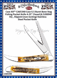 W.R. Case & Sons Cutlery CA65340 Case XX� 6.5 Burnt Bone Stag Fishing Pocket Knife 4.25" Closed (6.520094F SS) , Slip-joint (non-locking) Stainless Steel Pocket Knife