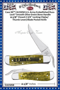 W.R. Case & Sons Cutlery CA15058 Case XX™ U.S. Army RussLock Embellished Smooth Olive Green Bone Handle 4-1/8" Closed 2-3/4" Locking Clip(w/thumb Lever) Plain Blade Tru-Sharp Stainless Steel Pocket Knife W.R. Case & Sons Cutlery CA15058 Case XX™ U.S. Army RussLock Embellished Smooth Olive Green Bone Handle 4-1/8" Closed 2-3/4" Locking Clip(w/thumb Lever) Plain Blade Tru-Sharp Stainless Steel Pocket Knife