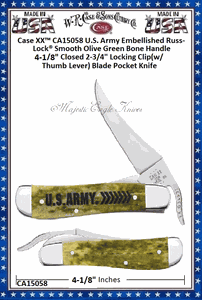 W.R. Case & Sons Cutlery CA15058 Case XX� U.S. Army RussLock Embellished Smooth Olive Green Bone Handle 4-1/8" Closed 2-3/4" Locking Clip(w/thumb Lever) Plain Blade Tru-Sharp Stainless Steel Pocket Knife