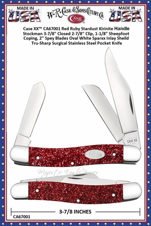 W.R. Case & Sons Cutlery CA67001 Case XX™ Red Ruby Stardust Kirinite Handle Stockman 3-7/8" Closed 2-7/8" Clip, 1-1/8" Sheepfoot Coping, 2" Spey Blades Oval White Sparxx Inlay Sheild Tru-Sharp Surgical Stainless Steel Pocket Knife W.R. Case & Sons Cutlery CA67001 Case XX™ Red Ruby Stardust Kirinite Handle Stockman 3-7/8" Closed 2-7/8" Clip, 1-1/8" Sheepfoot Coping, 2" Spey Blades Oval White Sparxx Inlay Sheild Tru-Sharp Surgical Stainless Steel Pocket Knife