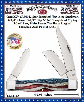 W.R. Case & Sons Cutlery CA64142 Case XX� Star Spangled Flag Large Stockman 4-1/4" Closed 3-1/4" Clip 2-1/4" Sheepsfoot Coping 2-1/4" Spey Plain Blades Tru-Sharp Surgical Stainless Steel Pocket Knife