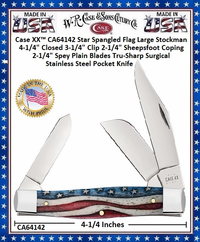 W.R. Case & Sons Cutlery CA64142 Case XX� Star Spangled Flag Large Stockman 4-1/4" Closed 3-1/4" Clip 2-1/4" Sheepsfoot Coping 2-1/4" Spey Plain Blades Tru-Sharp Surgical Stainless Steel Pocket Knife
