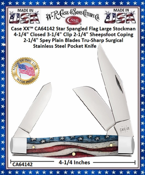 W.R. Case & Sons Cutlery CA64142 Case XX� Star Spangled Flag Large Stockman 4-1/4" Closed 3-1/4" Clip 2-1/4" Sheepsfoot Coping 2-1/4" Spey Plain Blades Tru-Sharp Surgical Stainless Steel Pocket Knife