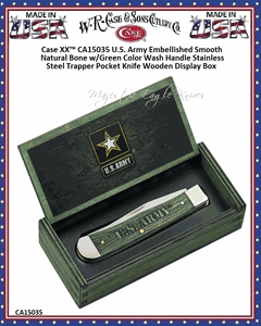 W.R. Case & Sons Cutlery CA15035 Case XX� U.S. Army Embellished Smooth Natural Bone w/Green Color Wash Handle Stainless Steel Trapper Pocket Knife Wooden Display Box