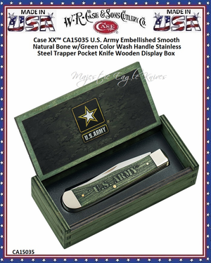 W.R. Case & Sons Cutlery CA15035 Case XX™ U.S. Army Embellished Smooth Natural Bone w/Green Color Wash Handle Stainless Steel Trapper Pocket Knife Wooden Display Box W.R. Case & Sons Cutlery CA15035 Case XX™ U.S. Army Embellished Smooth Natural Bone w/Green Color Wash Handle Stainless Steel Trapper Pocket Knife Wooden Display Box