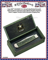 W.R. Case & Sons Cutlery CA15035 Case XX™ U.S. Army Embellished Smooth Natural Bone w/Green Color Wash Handle Stainless Steel Trapper Pocket Knife Wooden Display Box W.R. Case & Sons Cutlery CA15035 Case XX™ U.S. Army Embellished Smooth Natural Bone w/Green Color Wash Handle Stainless Steel Trapper Pocket Knife Wooden Display Box