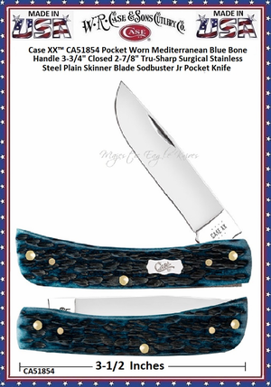 W.R. Case & Sons Cutlery CA51854 Case XX� Sodbuster Jr Pocket Worn Mediterranean Blue Bone Handle Pocket Knife