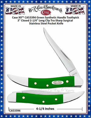 W.R. Case & Sons Cutlery CA53394 Case XX� Toothpick Green Synthetic 3" Cllosed 2-1/4" Long Clip Plain Blade Tru-Sharp Surgical Stainless Steel Pocket Knife