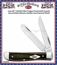 W.R. Case & Son's Cutlery CA23472 Case XX� Mini Trapper Pocket Knife Smooth Green and Black Micarta, Handles Case Diamond Shield 