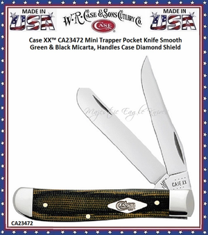 W.R. Case & Son's Cutlery CA23472 Case XX� Mini Trapper Pocket Knife Smooth Green and Black Micarta, Handles Case Diamond Shield 