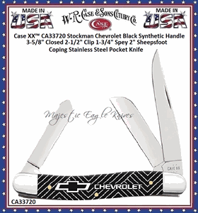 W.R. Case & Sons Cutlery CA33720 Case XX� Stockman Chevrolet Black Synthetic Handle 3-5/8" Closed 2-1/2" Clip 1-3/4" Spey 2" Sheepsfoot Coping Stainless Steel Pocket Knife 