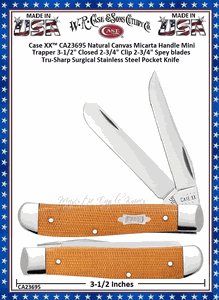 W.R. Case & Son's Cutlery CA23695 Case XX� Natural Canvas Micarta Handle Mini Trapper 3-1/2" Closed 2-3/4" Clip 2-3/4" Spey blades Tru-Sharp Surgical Stainless Steel Pocket Knife