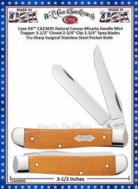 W.R. Case & Son's Cutlery CA23695 Case XX� Natural Canvas Micarta Handle Mini Trapper 3-1/2" Closed 2-3/4" Clip 2-3/4" Spey blades Tru-Sharp Surgical Stainless Steel Pocket Knife