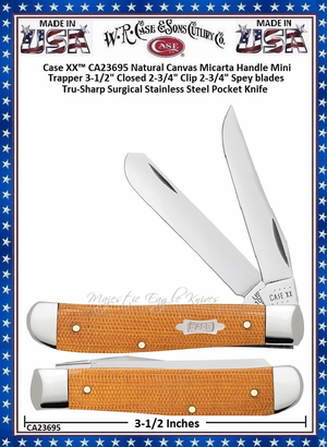 W.R. Case & Son's Cutlery CA23695 Case XX� Natural Canvas Micarta Handle Mini Trapper 3-1/2" Closed 2-3/4" Clip 2-3/4" Spey blades Tru-Sharp Surgical Stainless Steel Pocket Knife
