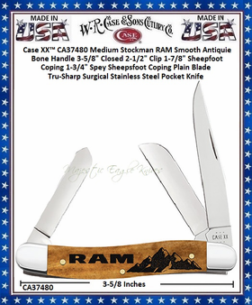 W.R. Case & Sons Cutlery CA37480 Case XX� Medium Stockman RAM Smooth Antique Bone Handle 3-5/8" Closed 2-1/2" Clip 1-7/8" Sheepfoot Coping 1-3/4" Spey Plain Blade Tru-Sharp Surgical Stainless Steel Pocket Knife